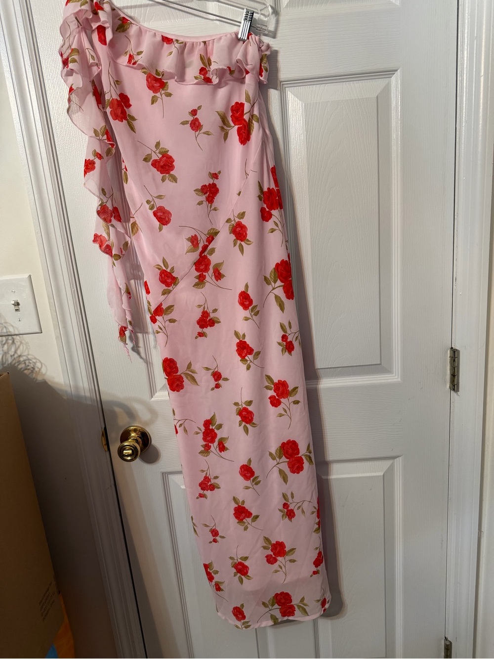 wild fable Pink One-Shoulder Maxi Dress with Red Floral Print